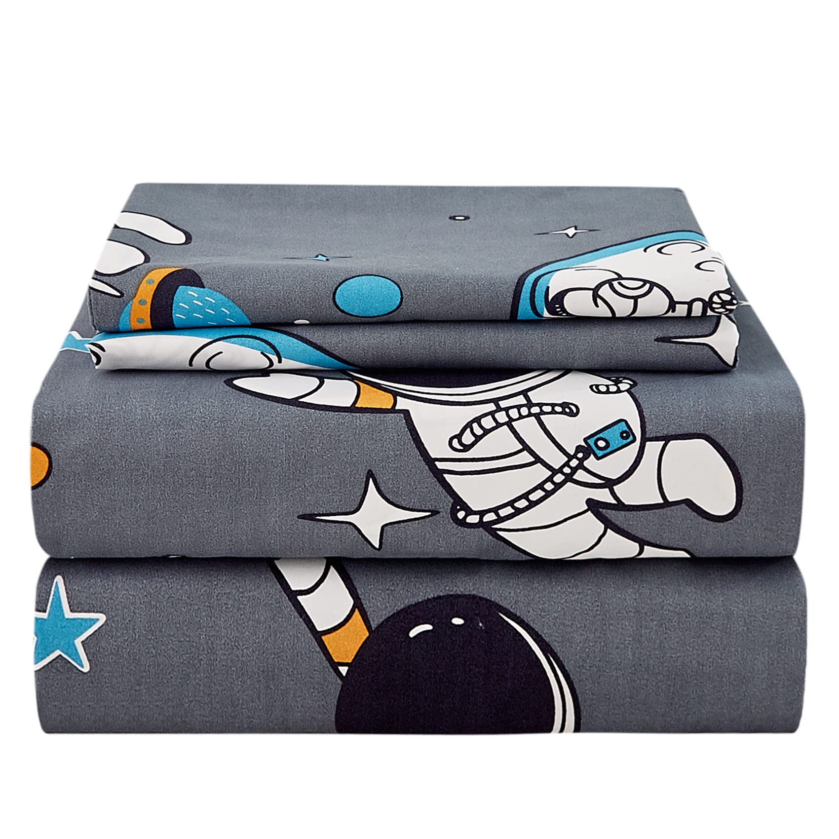 Jsd Grey Astronaut Planet Kids Sheet Set Twin, 3 Piece Cute Space Adventure Printed Microfiber Sheets For Boys Deep Pocket