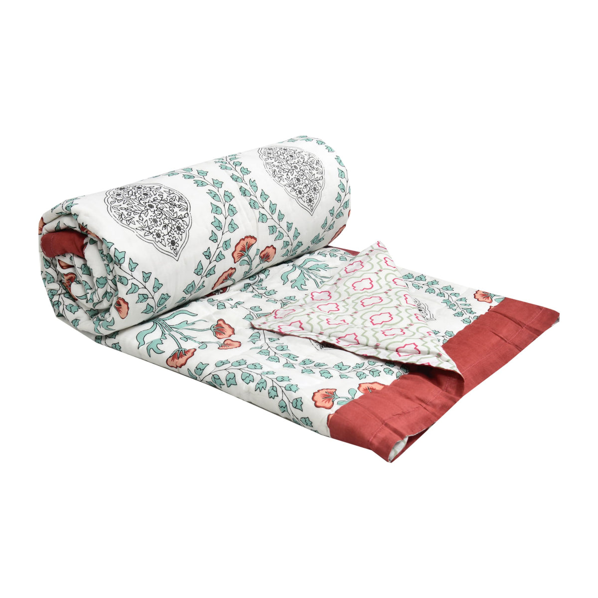 BLOCKS OF INDIA Cotton Single Size Quilt Hand Block Print for Light Winters (60x90 Inches) (RED Brick Motif)
