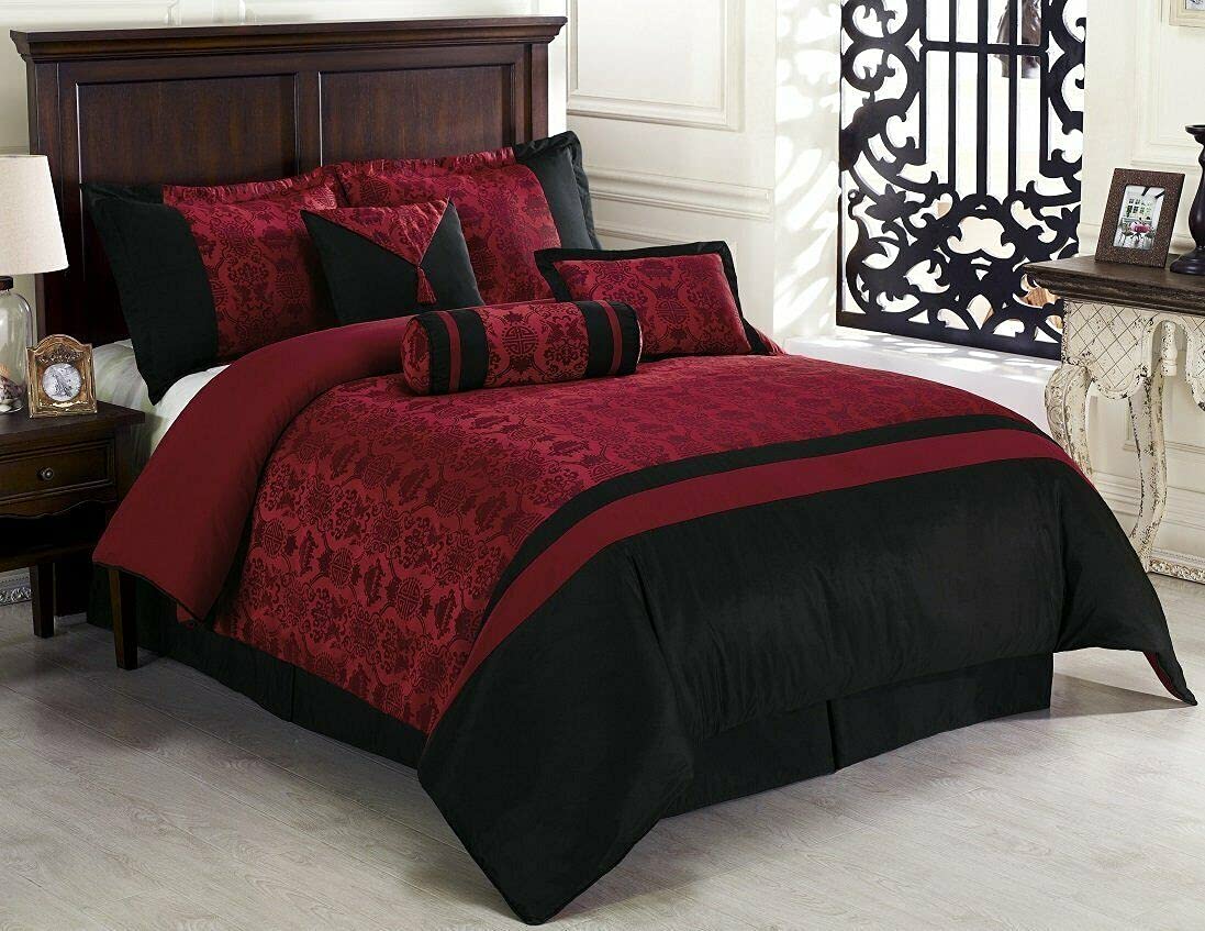 Chezmoi Collection Dynasty Black Red Jacquard 7-Piece Comforter Set, California King