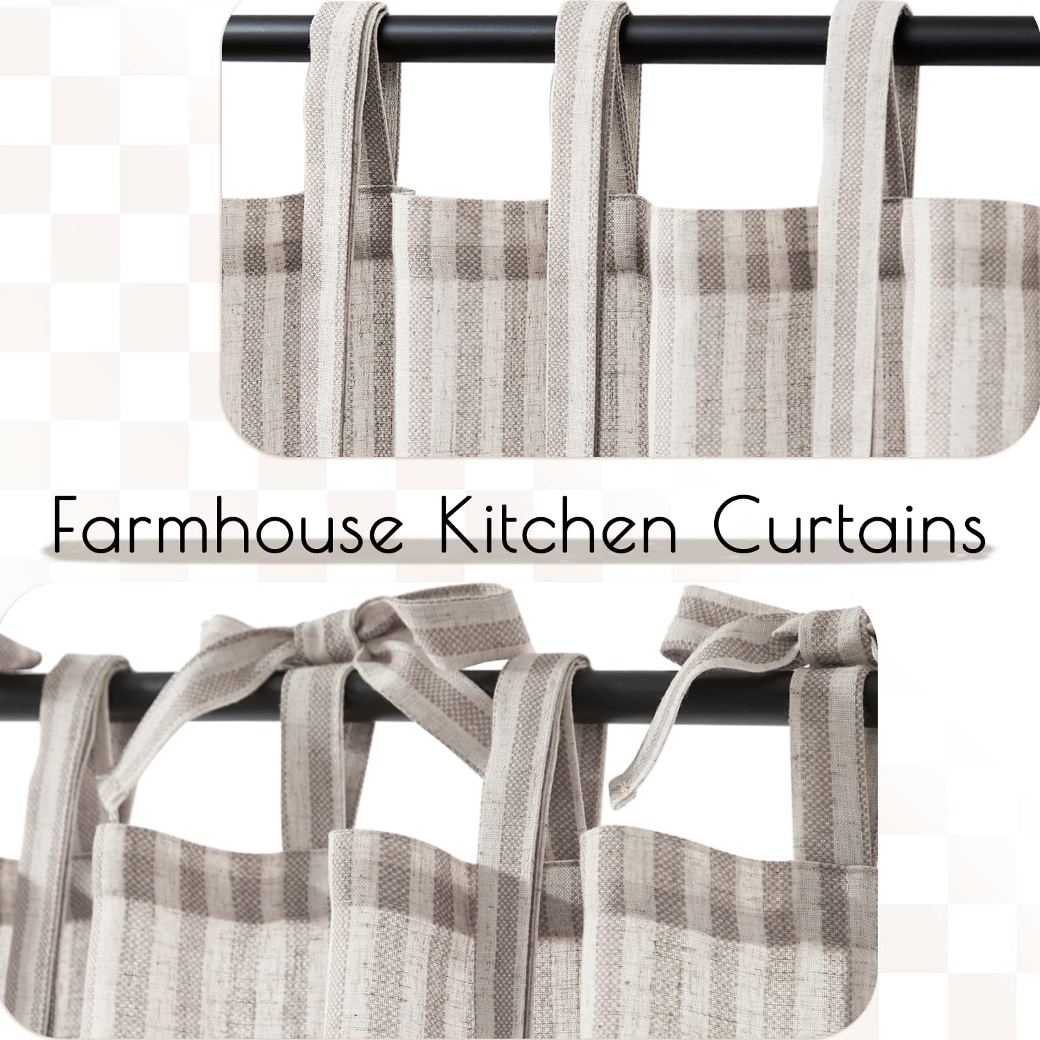 Jinchan Kitchen Curtains 36 Inch Length Striped Tie Top Linen Tier Curtains Short Curtains For Living Room Bedroom Bathroom Farmhouse Light Filtering Rod Pocket Cafe Curtains 2 Panels Grey On Beige