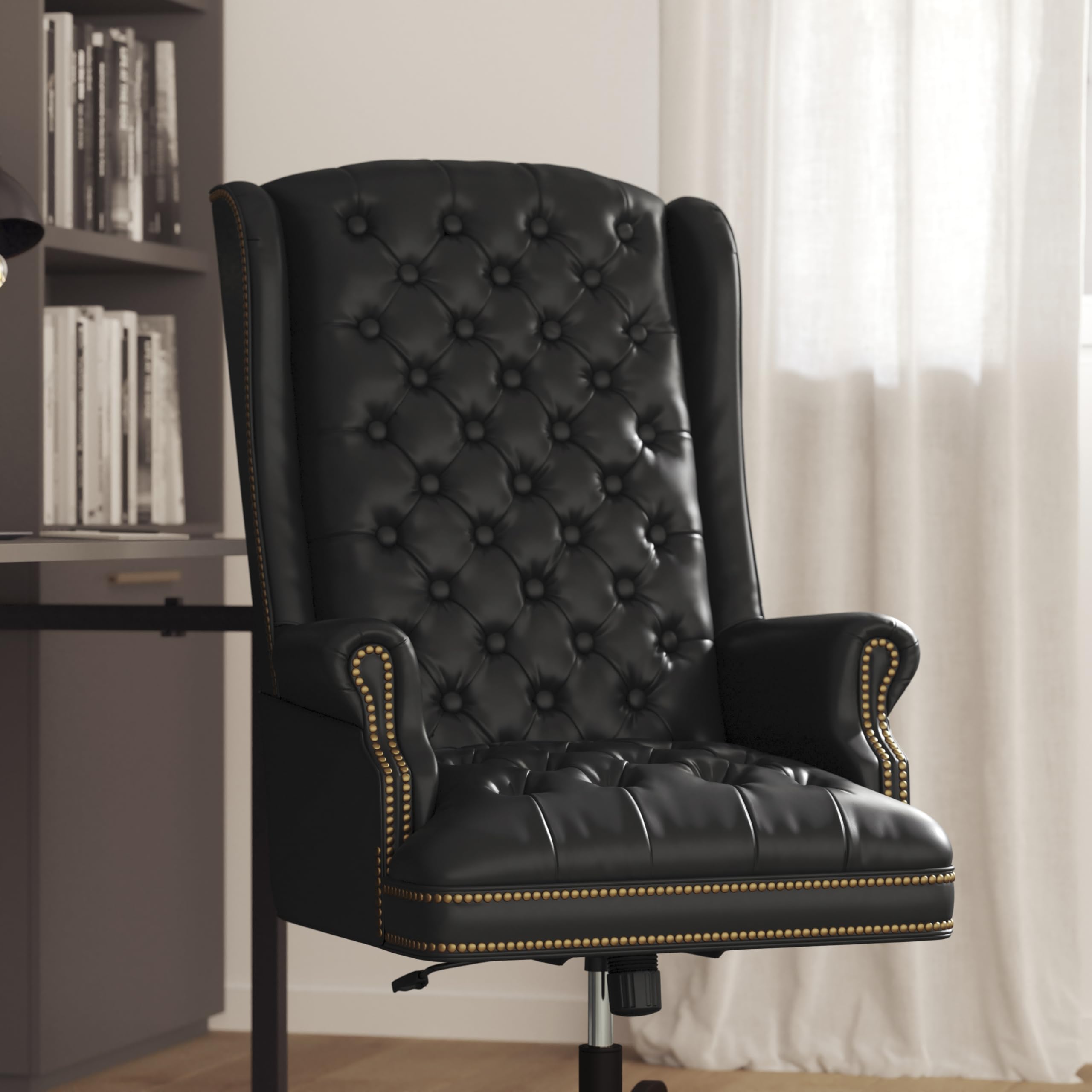 Flash Furniture High Back Traditional Fully Tufted Black LeatherSoft Executive Swivel Ergonomic Office Chair with Arms