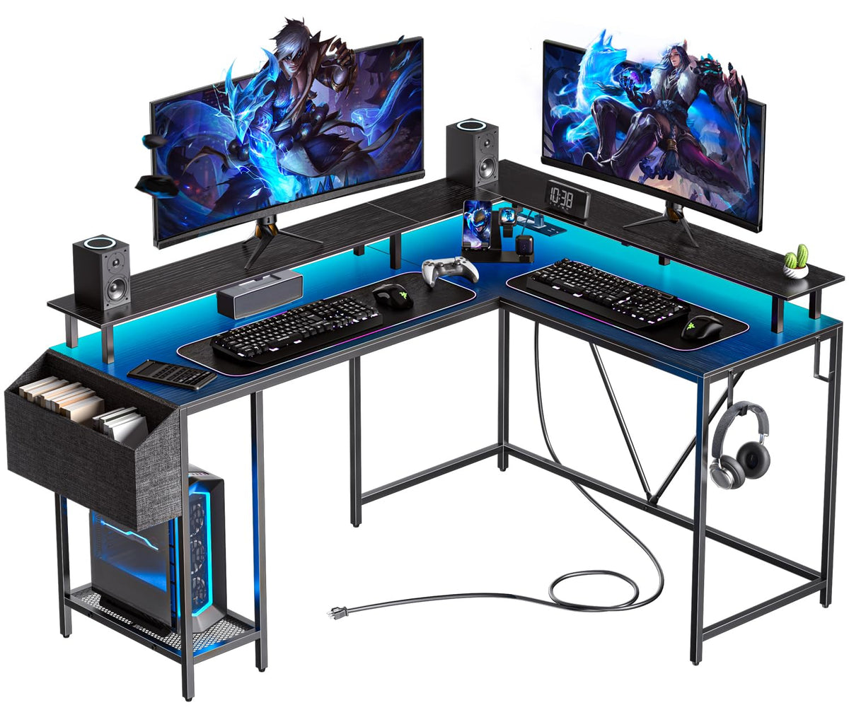 Eivanet 53Inch L Shaped Desk,L Shaped Gaming Desk With Power Outlets & Led Lights, Computer Desk With Monitor Stand & Storage Ba