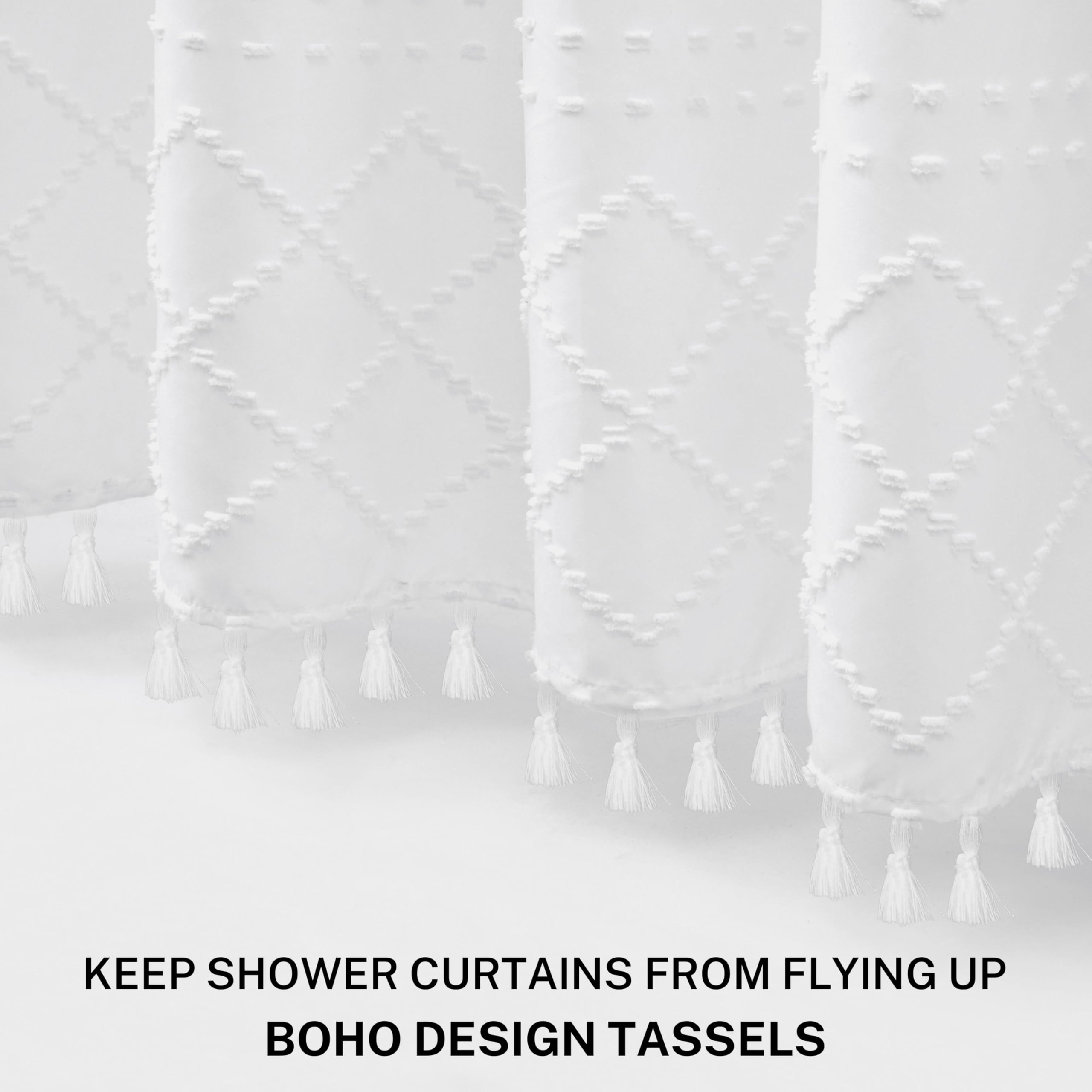 Boho White Woven Fabric Short Shower Curtain With Tassels 72 X 66 Modern Farmhouse Minimalist Tufted Chevron Striped Shabby Chic