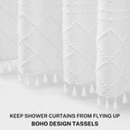 Extra Long Boho White Woven Fabric Shower Curtain With Tassels 54 X 78 Modern Farmhouse Minimalist, Tufted Chevron Striped Shabb