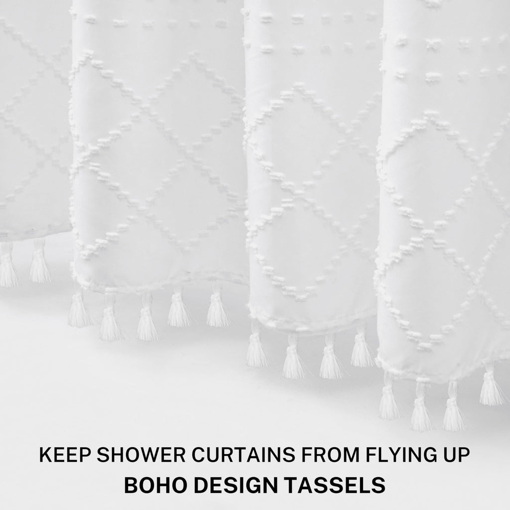 Siiluminisoy Boho White Woven Fabric Shower Curtain With Tassels 72 X 70 Modern Farmhouse Minimalist Tufted Chevron Striped Shab
