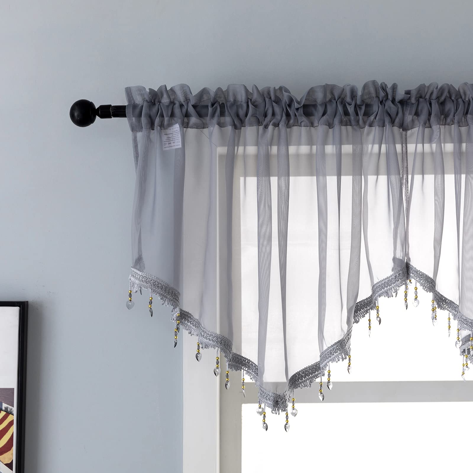 Pearage Beaded Sheer Valance Curtains For Living Room,Rod Pocket Farmhouse Window Valance, Bead Trim Tassel Voile Sheer Curtain