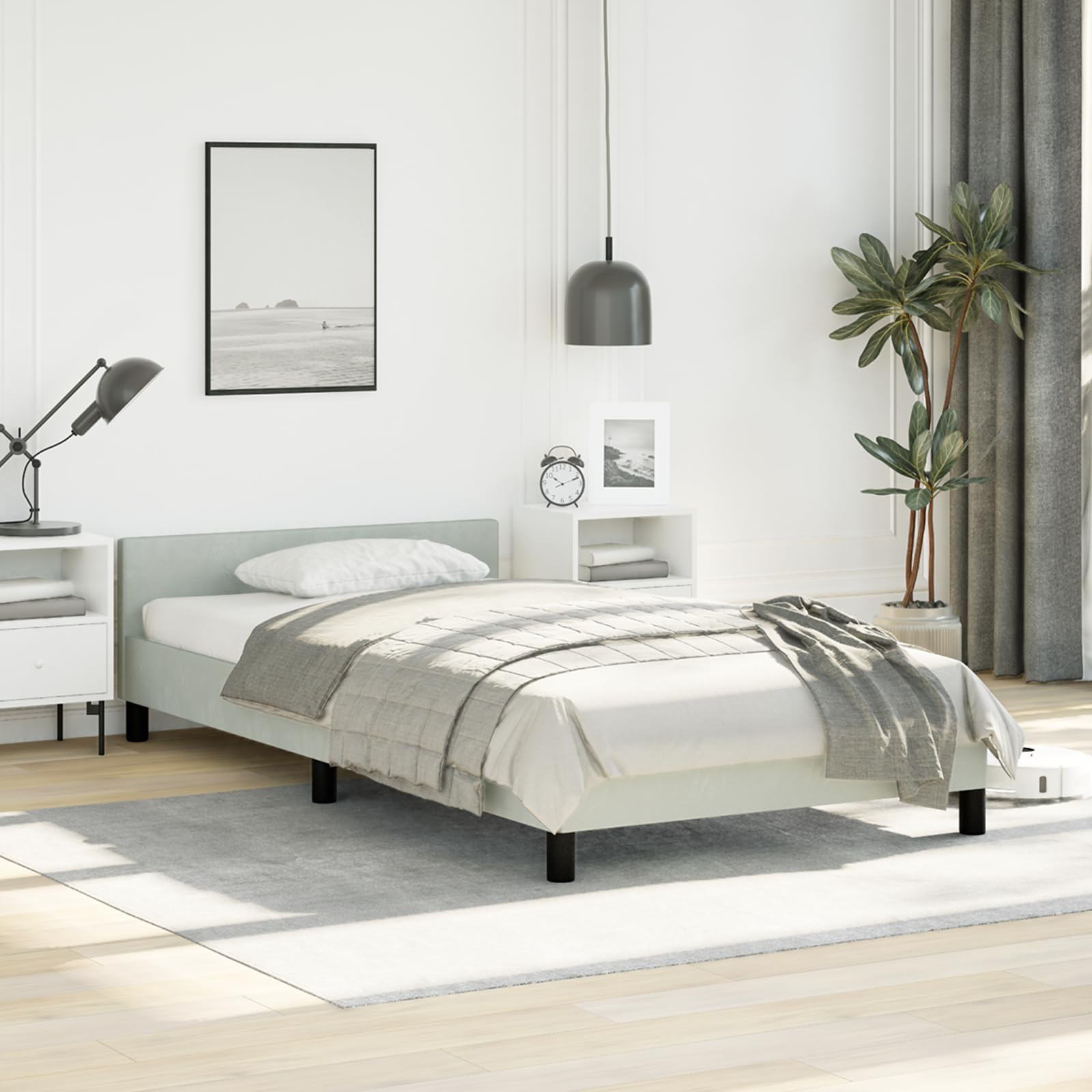 vidaXL Velvet Bed Frame Platform Bed, Scandinavian Style/Slats Support/No Box Spring Needed/Without Mattress/Easy Assembly, Light Grey Twin XL Bed