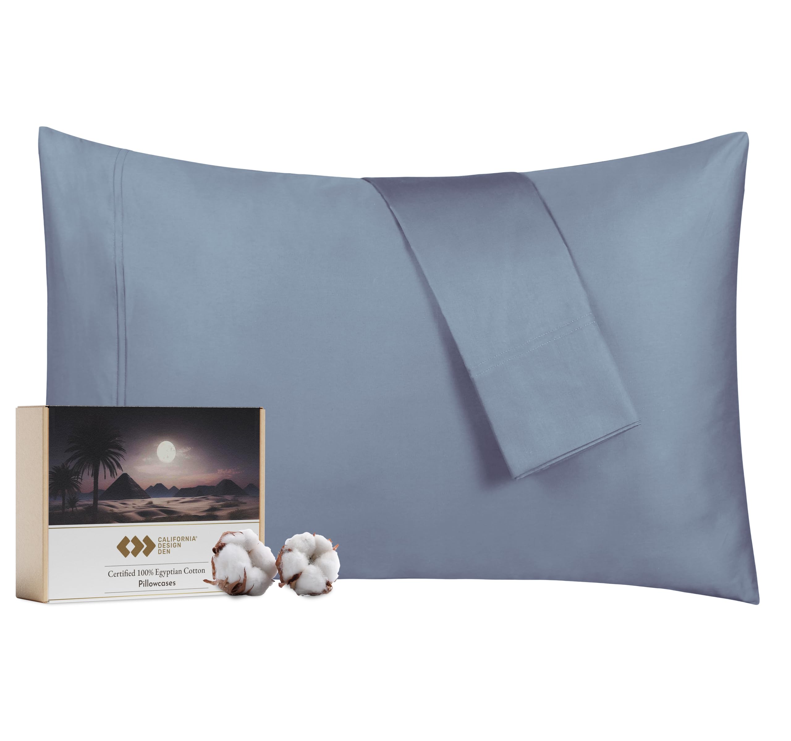 Luxury 100% Egyptian Cotton Pillow Cases Queen Size Set Of 2, Soft Sateen Cotton Pillow Cases, Breathable & Cooling Blue Queen P
