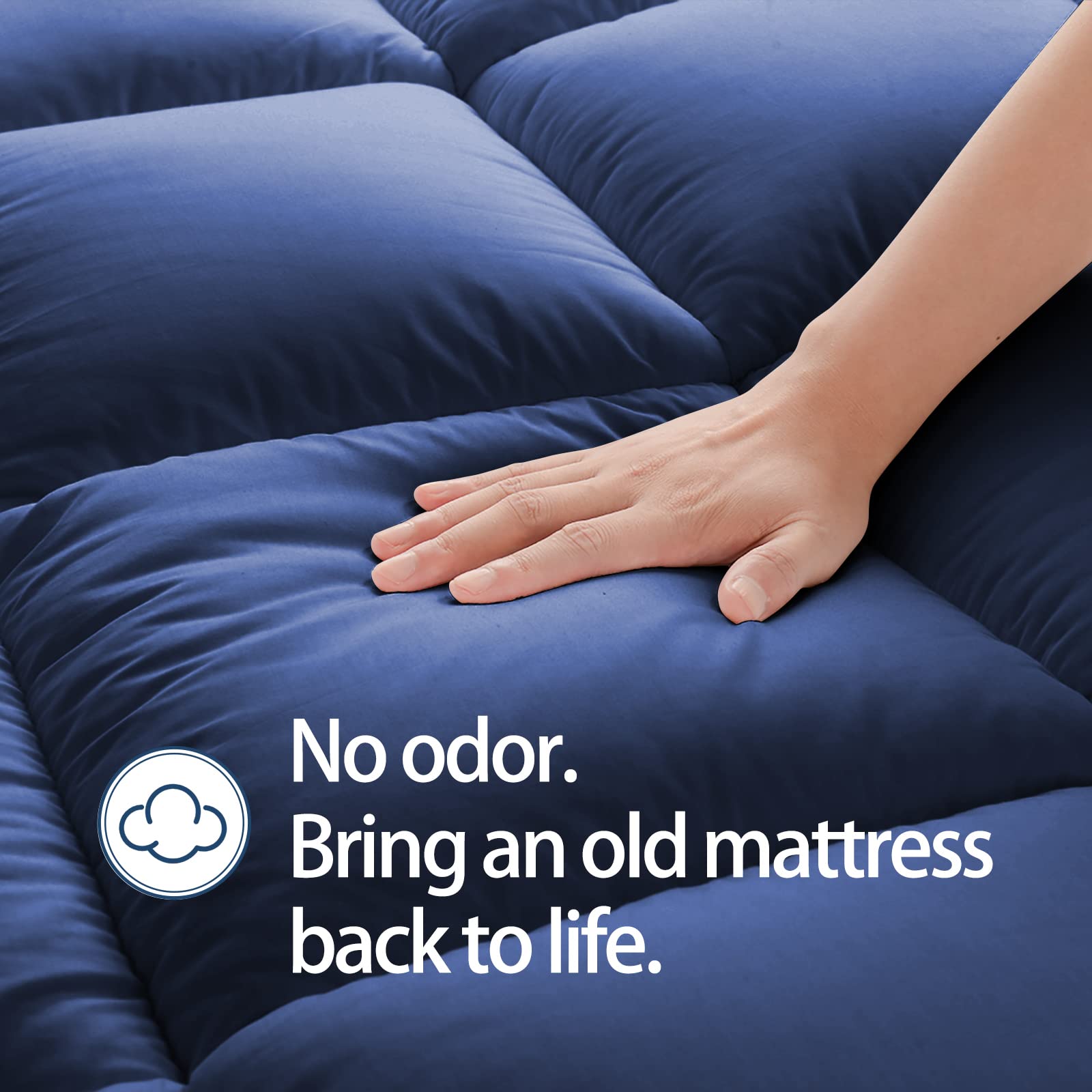 Mattress Topper Queen For Back Pain, Extra Thick Mattress Pad Cover, Plush Pillow Top, Deep Elastic Pocket, Navy