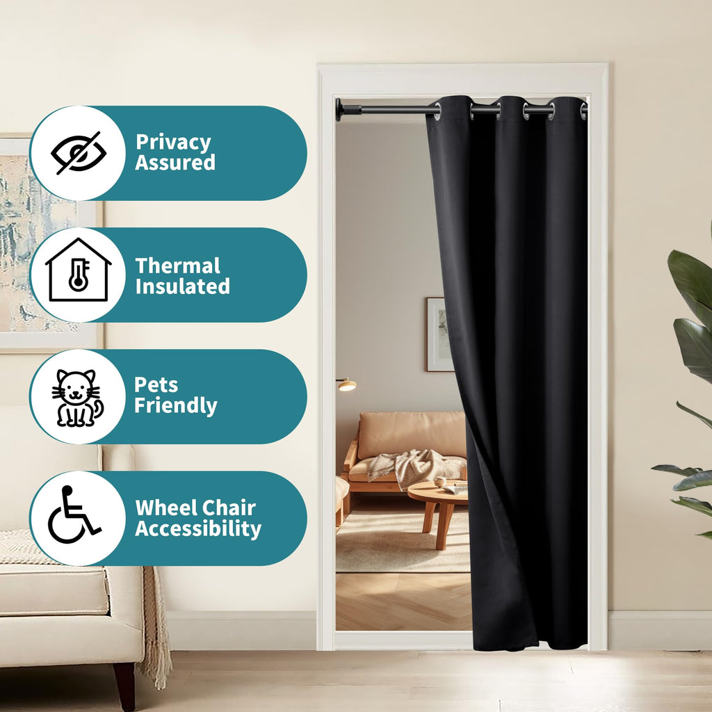Bgment Black Door Curtain 80 Inch Length For Doorway, Bedroom Closet Curtain, Privacy Thermal Insulated Blackout Grommet Room Divider For Room Separation, 1 Panel, 34 Inch Wide