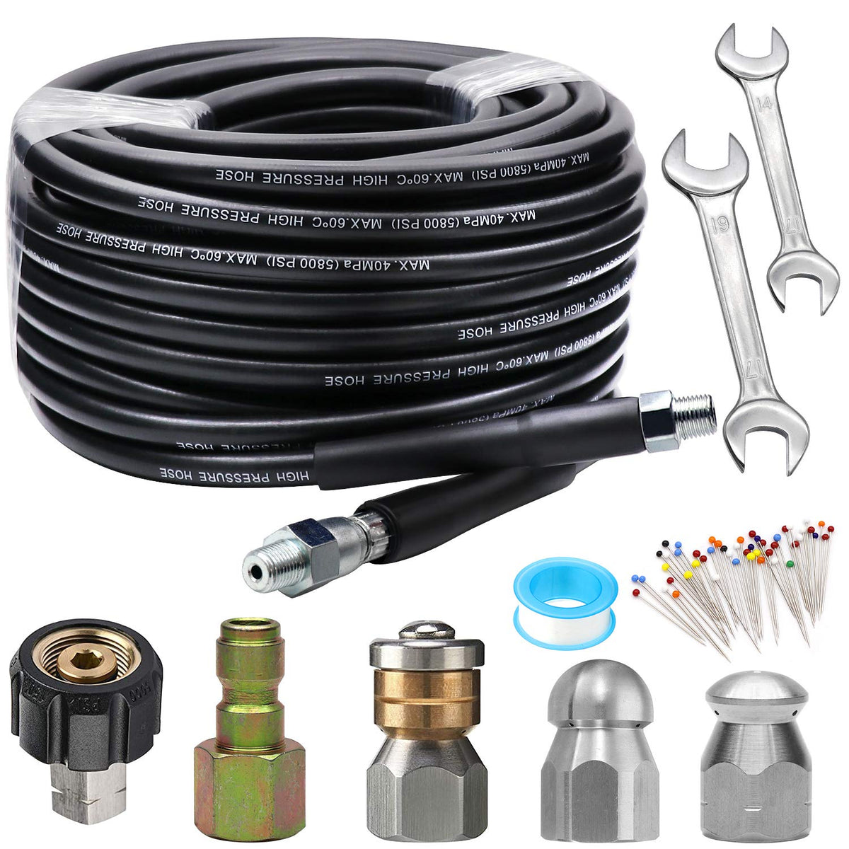 West Bay Sewer Jetter Kit 50Ft For Pressure Washer, 5800Psi Drain Cleaner Hose 1/4 Inch Npt, Corner, Rotating & Button Nose Sewe