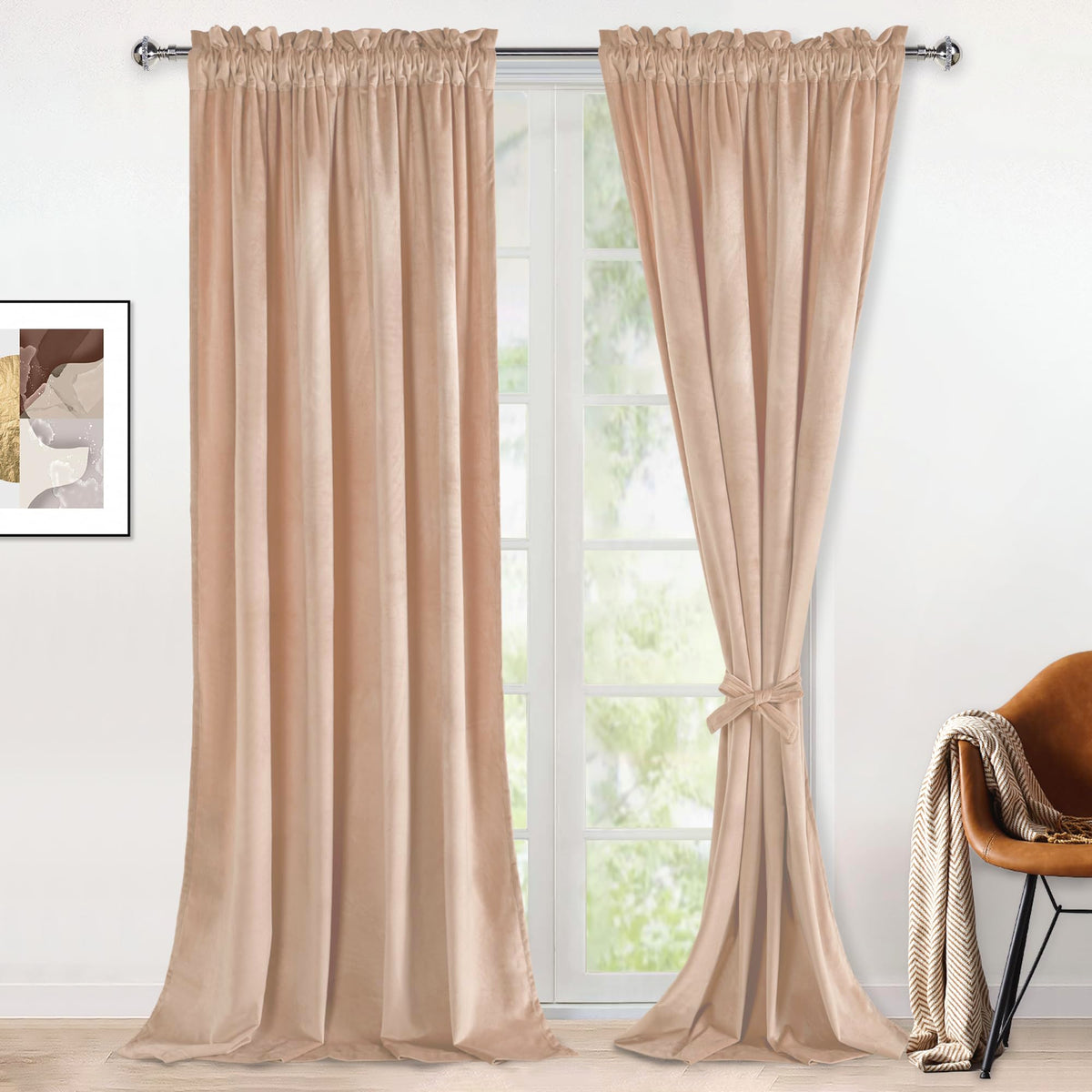 Hiasan Beige Velvet Curtains For Living Room - 96 Inches Long Light Blocking Soft Curtain Panels Privacy Rod Pocket Window Drape