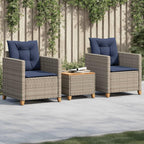 vidaXL Outdoor Bistro Set - Gray Poly Rattan/Acacia Wood - Garden, Patio, Balcony Furniture with Navy Cushions - 3 Piece Set - Comfortable and Weather-Resistant