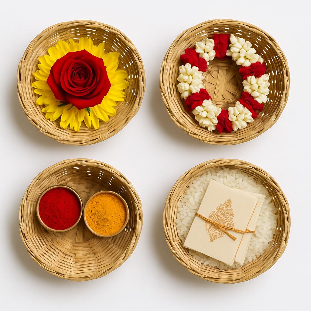 Ab Unique Small Bamboo Basket/Tokri Set Of 4 (W13 X H5 Cm) | Handmade Multipurpose Basket For Wedding, Pooja, Gift Hampers, Kitc