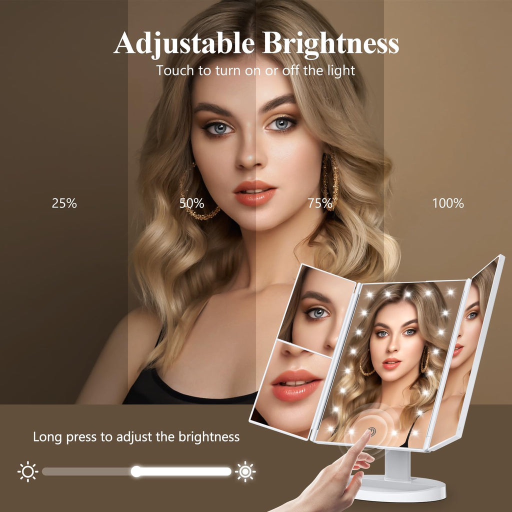Huonul Makeup Mirror Vanity Mirror With Lights, 2X, 3X, 10X Magnification, Touch Control, Trifold, White, 9.4'L X 13.4'W, Modern Style, Dresser Mount, Bathroom