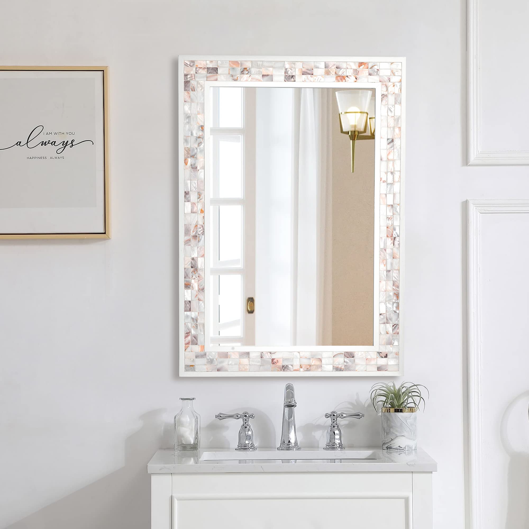 DUQIMO White Mirrors for Wall 20x28 Inch, Natural Mother of Pearl Inlay Mosaic Framed Rectangle Mirror for Bathroom, Bedroom or 