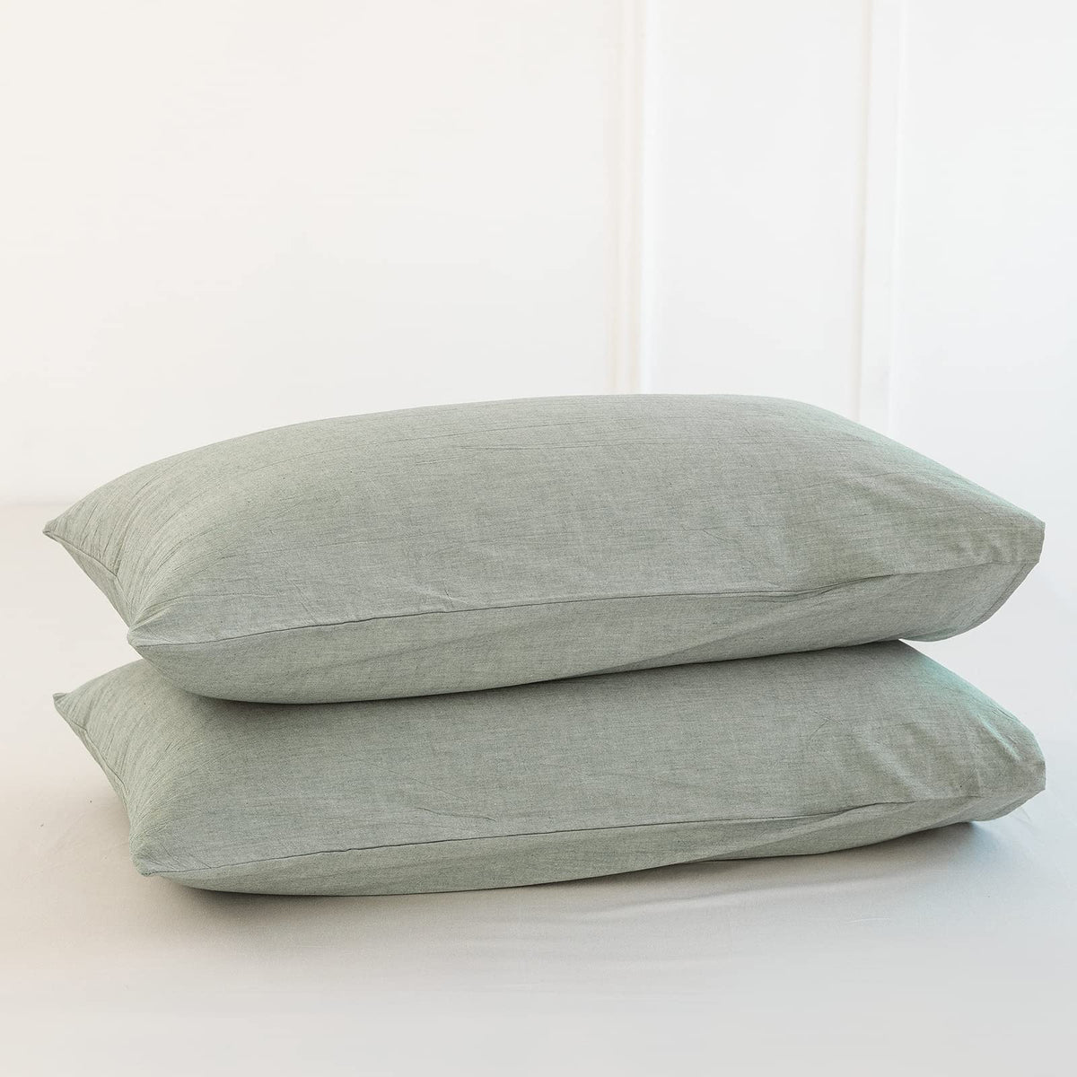 Moomee Bedding Pillowcases Pack Of 2 100% Washed Cotton Linen Like Textured Breathable Durable Soft Comfy (Green, King)