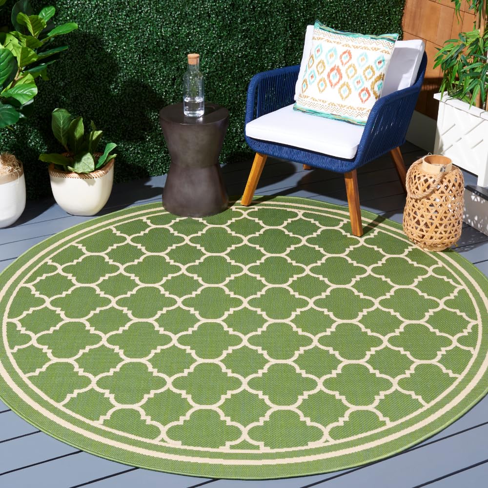 SAFAVIEH Courtyard Collection Area Rug - 71 Round, Green & Beige, Trellis Design, Non-Shedding & Easy Care, Indoor/Outdoor & Wa