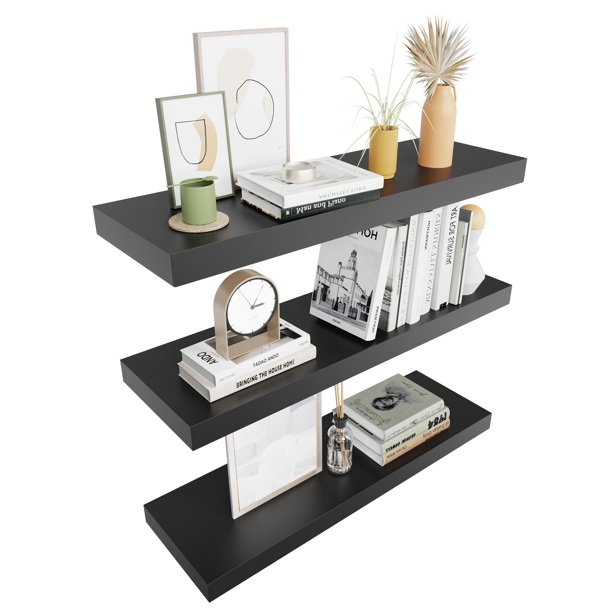 Colima Floating Shelves For Wall Black Wood Wall Shelf For Bedroom, 24 Inch Wall Mounted Floating Shelves For Bathroom Living Room Kitchen Office, 1.3' Thick Floating Book Shelves For Wall, Set Of 3