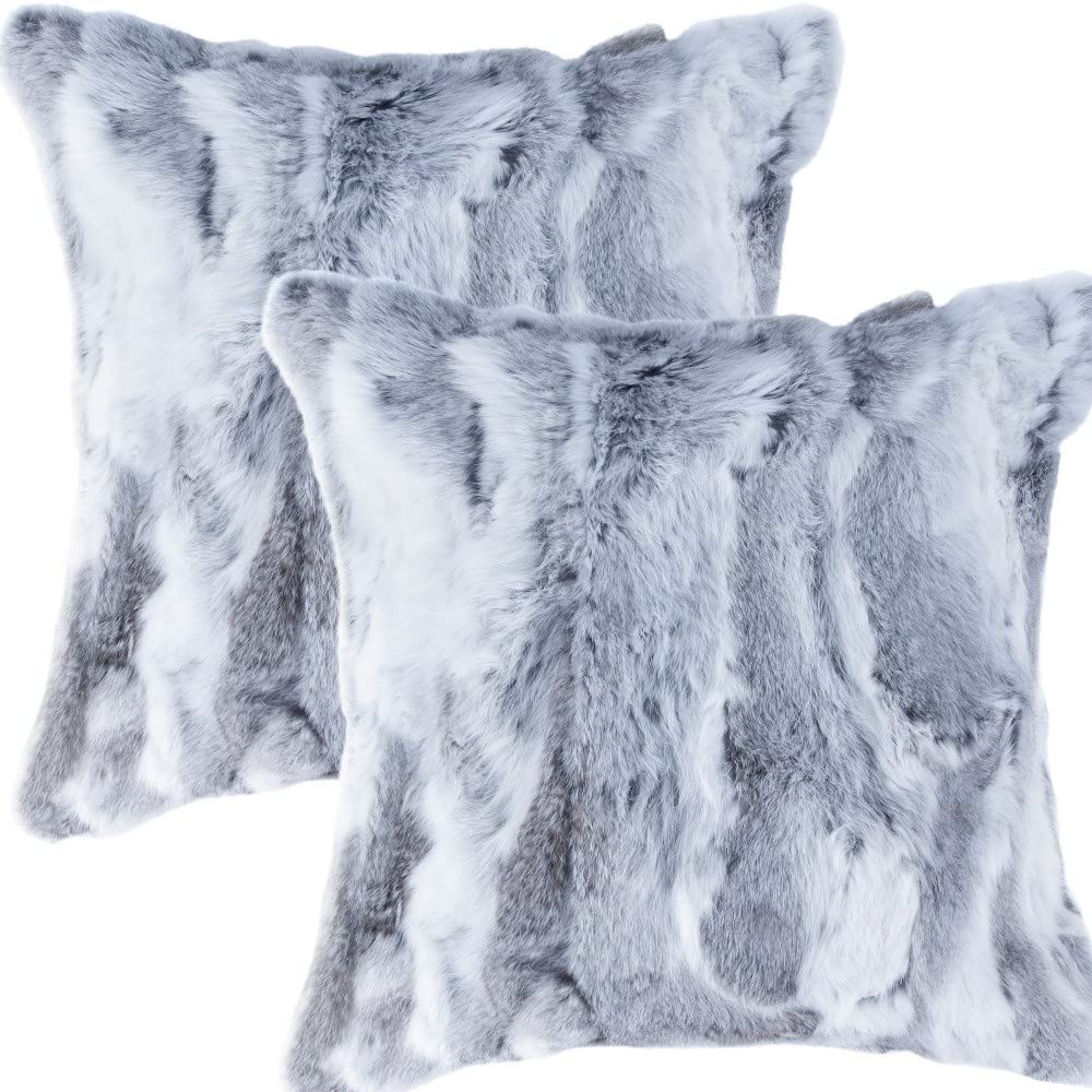 HomeRoots 100% Natural Rabbit Fur and Microsuede Set of Two 18' Grey Rabbit Natural Fur Throw Pillows