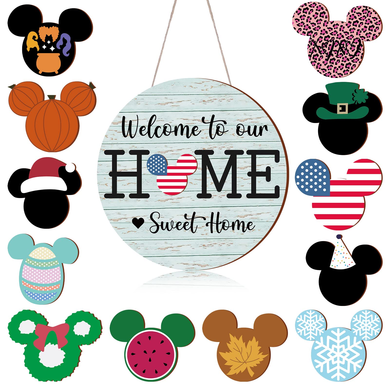 Qweryboo 13 Pcs Summer Mouse Door Sign Decor,Mouse Interchangeable Welcome Wooden Door Hanging Sign,Seasonal Welcome to Our Swee