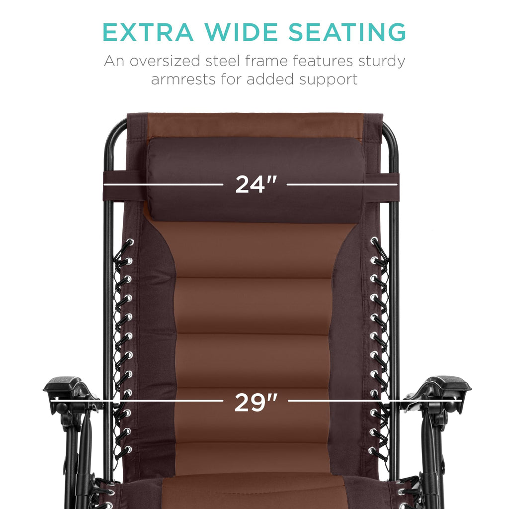 Best Choice Products Oversized Padded Zero Gravity Chair, Folding Outdoor Patio Recliner, Xl Anti Gravity Lounger For Backyard W/Headrest, Cup Holder, Side Tray, Polyester Mesh - Espresso/Caramel