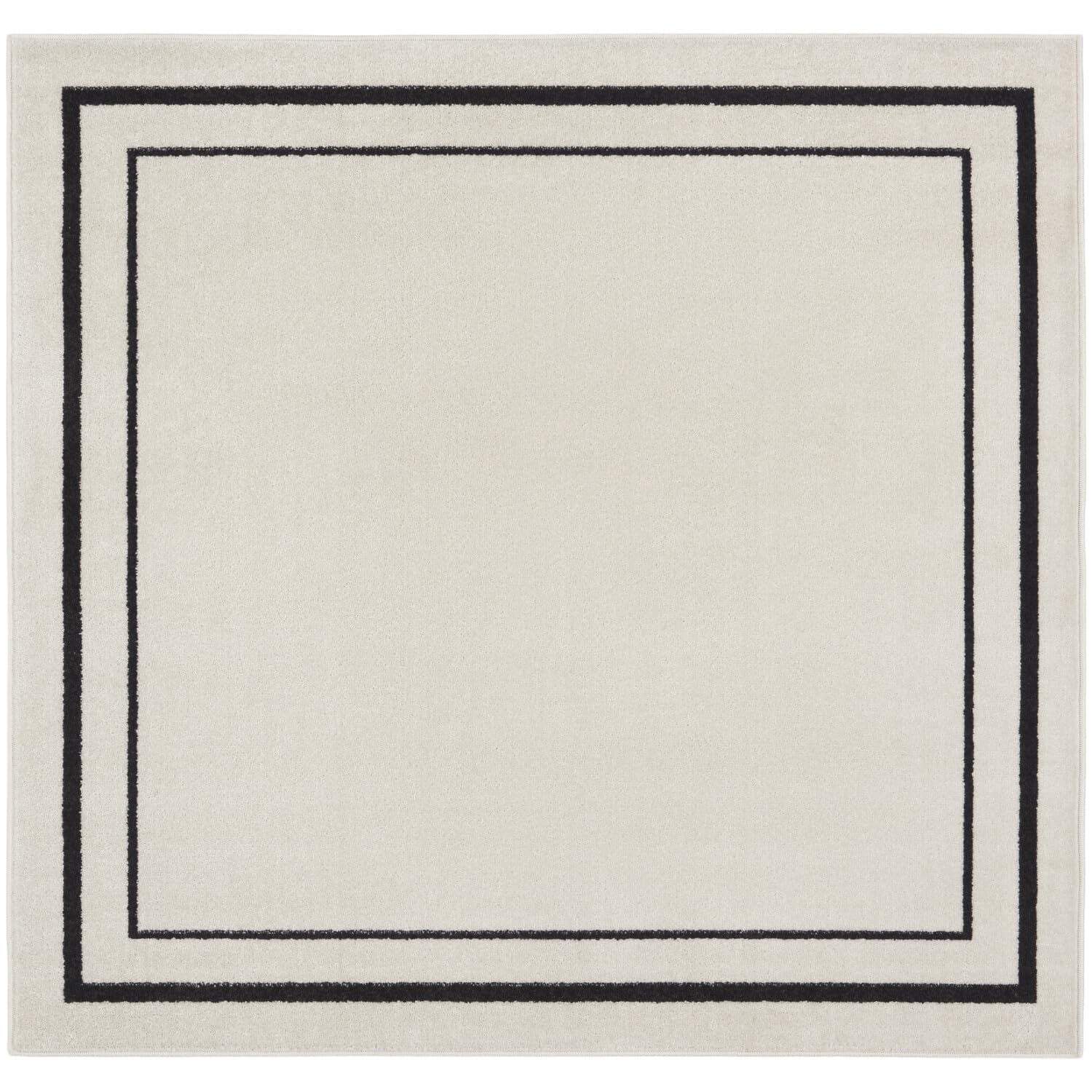 Nourison Essentials Indoor/Outdoor Solid Bordered Ivory/Black 5' X Square Area Rug, Easy Cleaning, Non Shedding, Bed Room, Livin
