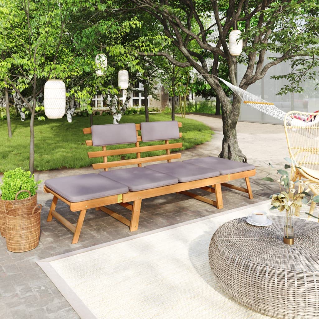 vidaXL Solid Acacia Wood Patio Daybed - Convertible Outdoor Bench to Day Bed with Cushion, Extra Leg Support and Washable Cover, Brown Frame & Dark Gray Cushion