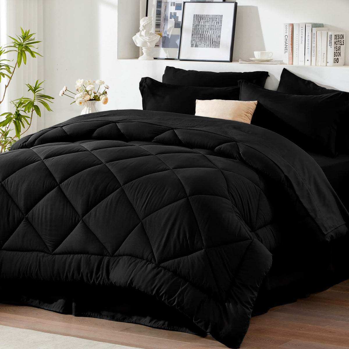 Newspin Queen Bed In A Bag 8 Pieces Comforter Set, Black All Season Bed Set, Queen Bedding Sets With Comforter And Sheets, Pillo