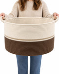 Large Woven Cotton Rope Storage Basket, 65L Blanket Basket with Handles, Decorative Round Basket for Living Room Bedroom Nursery