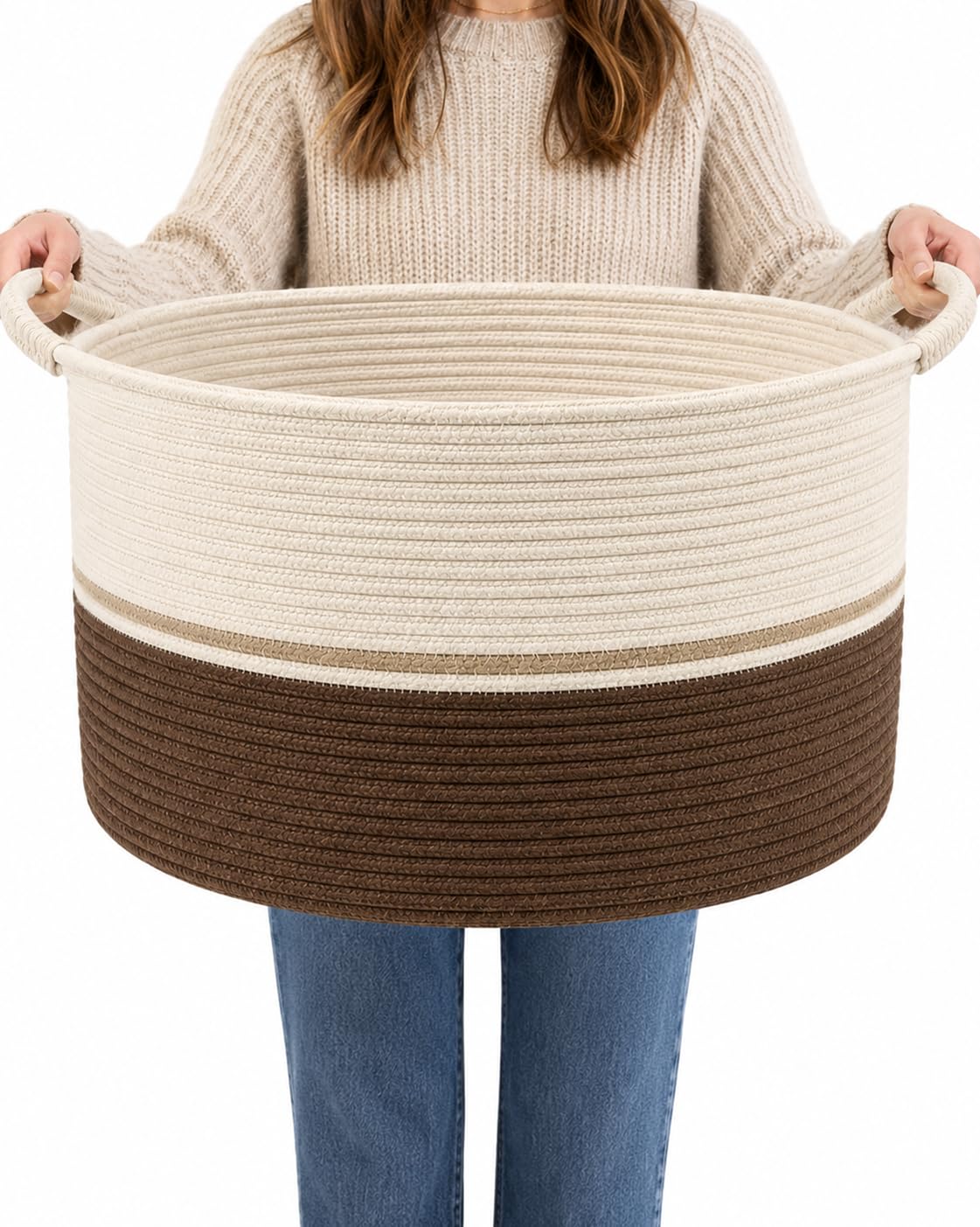 Large Woven Cotton Rope Storage Basket, 65L Blanket Basket with Handles, Decorative Round Basket for Living Room Bedroom Nursery