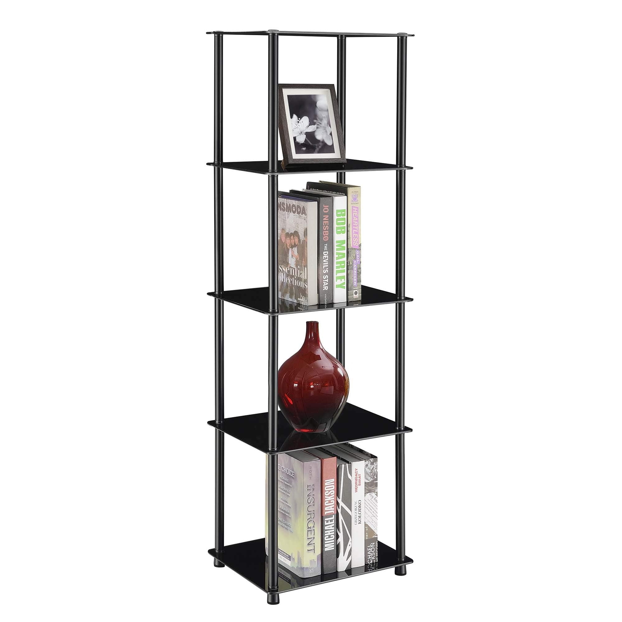 Convenience Concepts Designs2Go Classic Glass Shelves 15.75&quot; - 5-Tier Glass Tower Room Décor, Modern Shelves for Storage and Display in Living Room, Bathroom, Bedroom, Office, Black Glass
