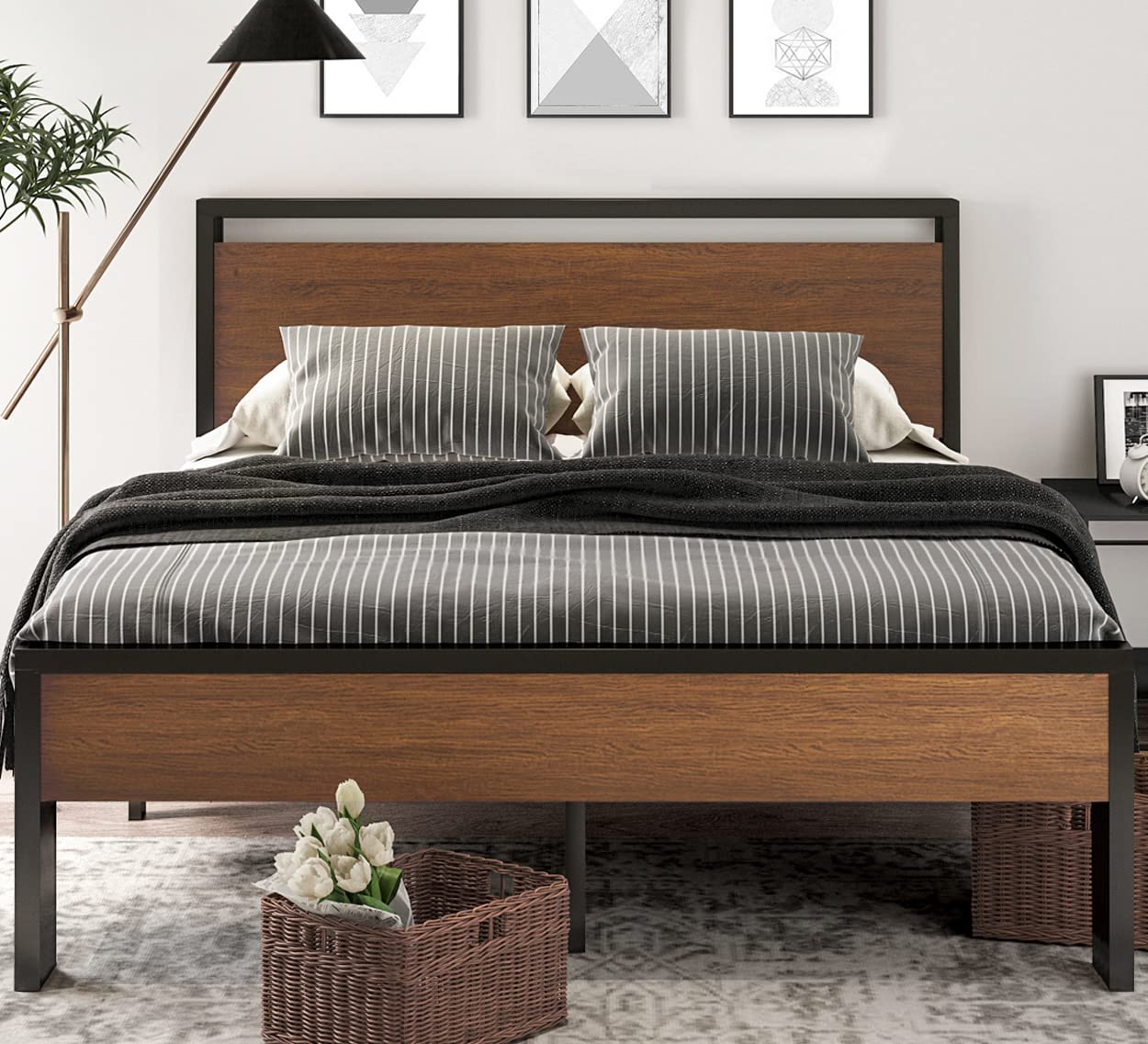 Sha Cerlin 14 Inch Queen Size Metal Platform Bed Frame With Wooden Headboard And Footboard, Mattress Foundation, No Box Spring Needed, Large Under Bed Storage, Non-Slip Without Noise, Walnut