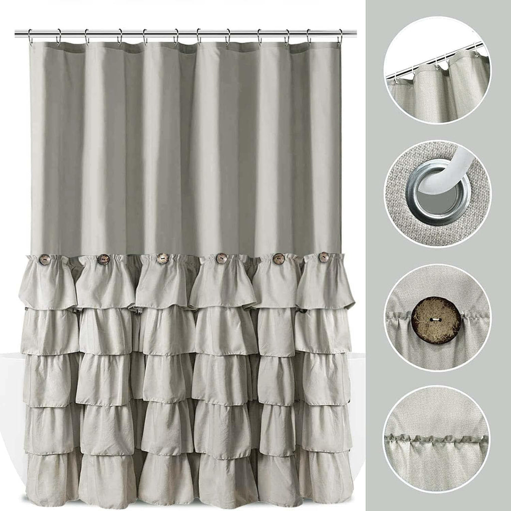 Grey Ruffle Button Shower Curtain Farmhouse Shower Curtain Set With 12 Hooks 72 X 72 Inch Fabric Shower Curtains For Bathroom Ba