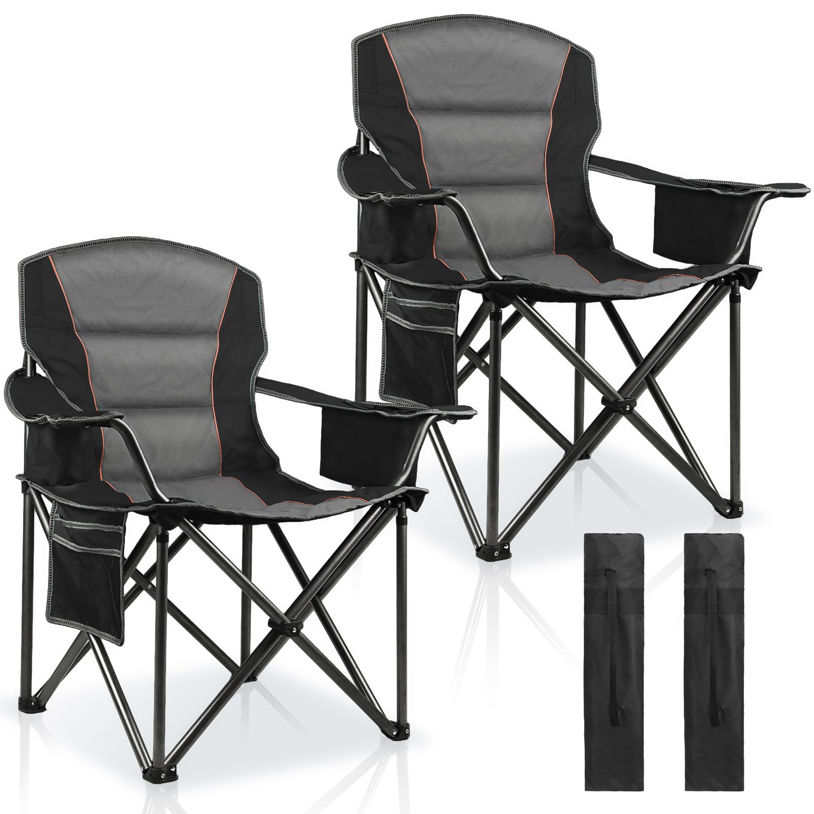 LANMOUNTAIN 2 Pack Padded Oversized Camping Chairs for Adults,Heavy Duty Support 400 Lbs,Folding Portable Lawn Chair w/Cup Holde
