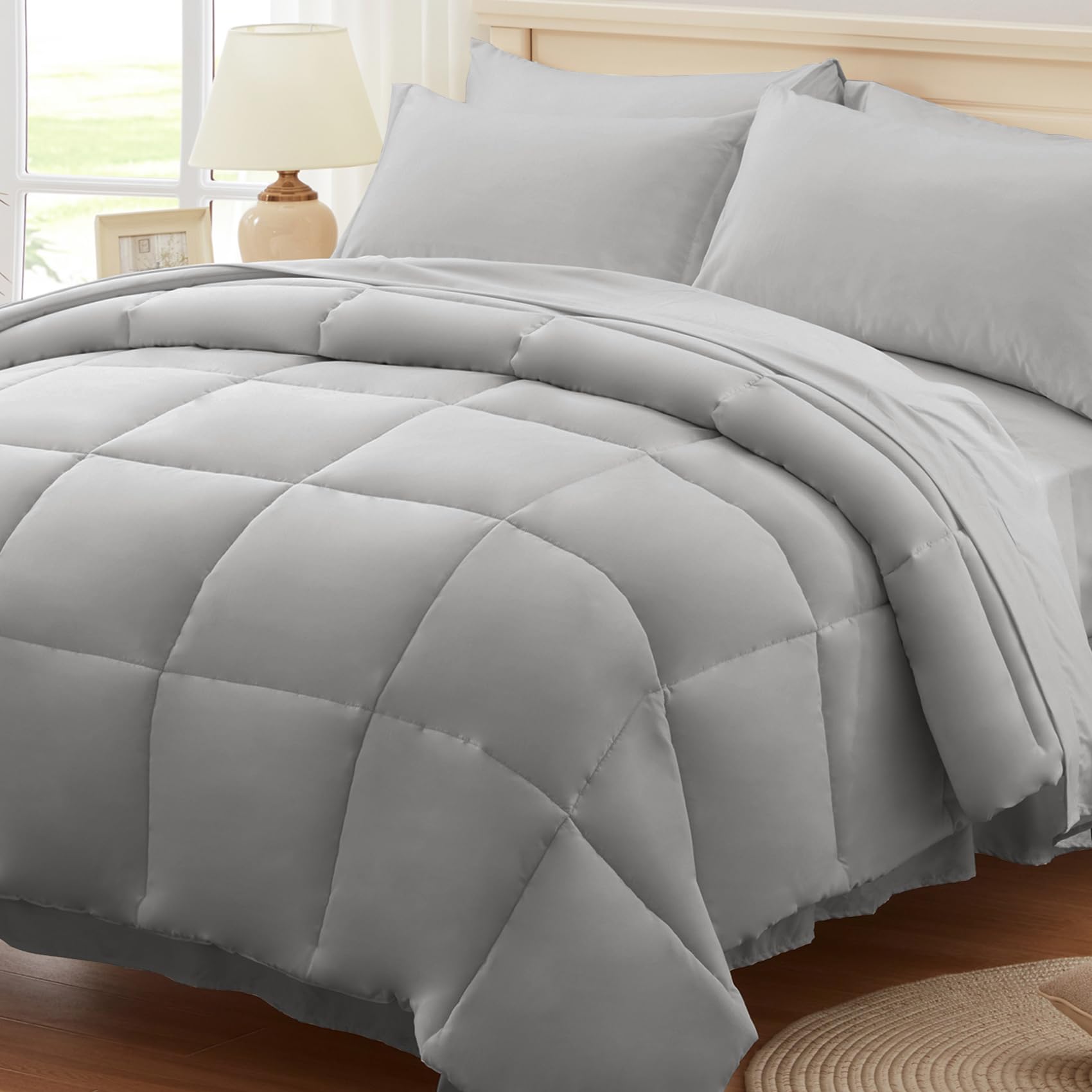 Anluoer Queen Comforter Set 7 Piece, Light Grey Bed In A Bag With Sheets, Comforters Queen Size Bedding Sets With 1 Comforter, 2