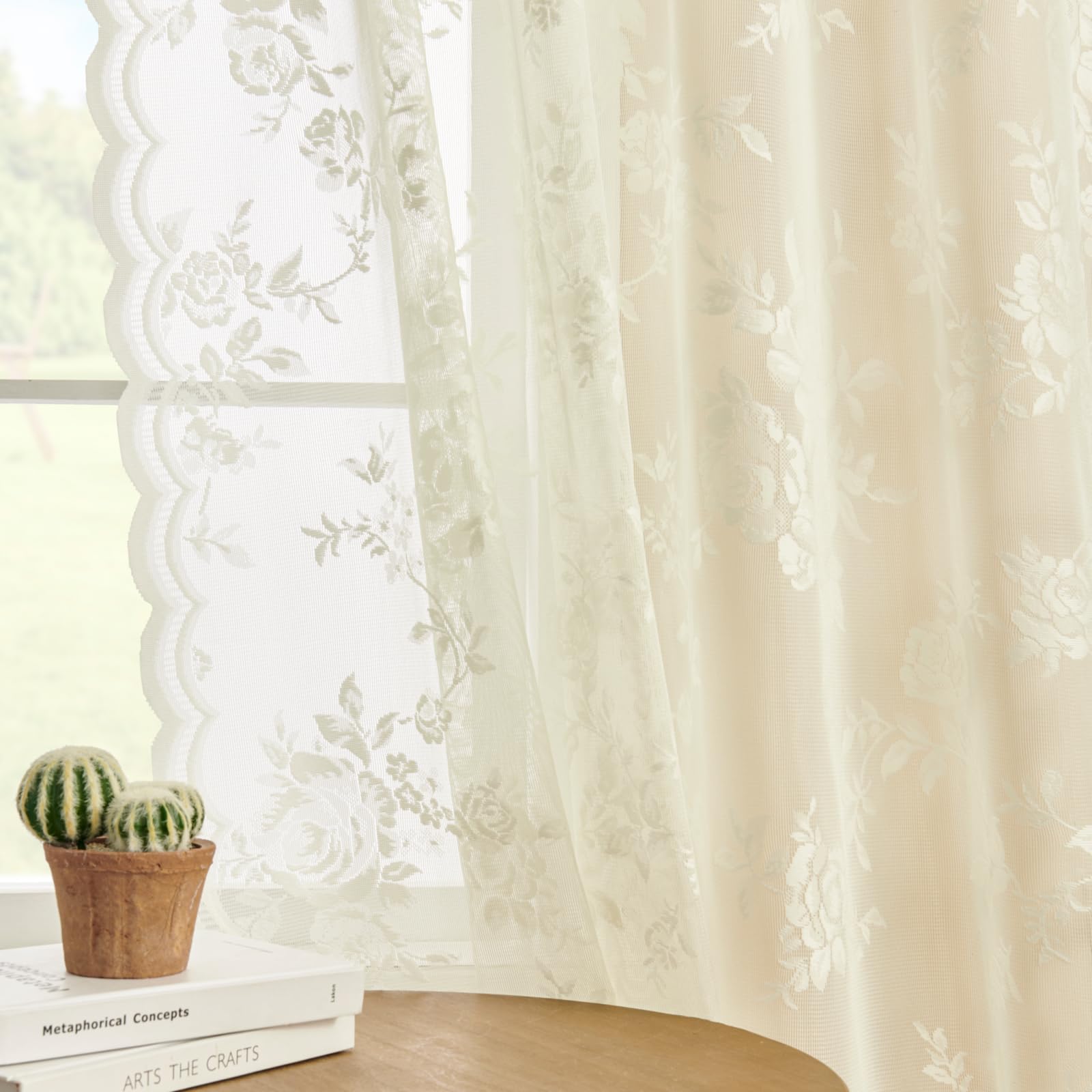 SEEKRIGHT Ivory Lace Curtains 52x45 Inch, Victorian Floral Sheer Rod Pocket Panels for Nursery, Cafe, Kitchen - 2 Pack