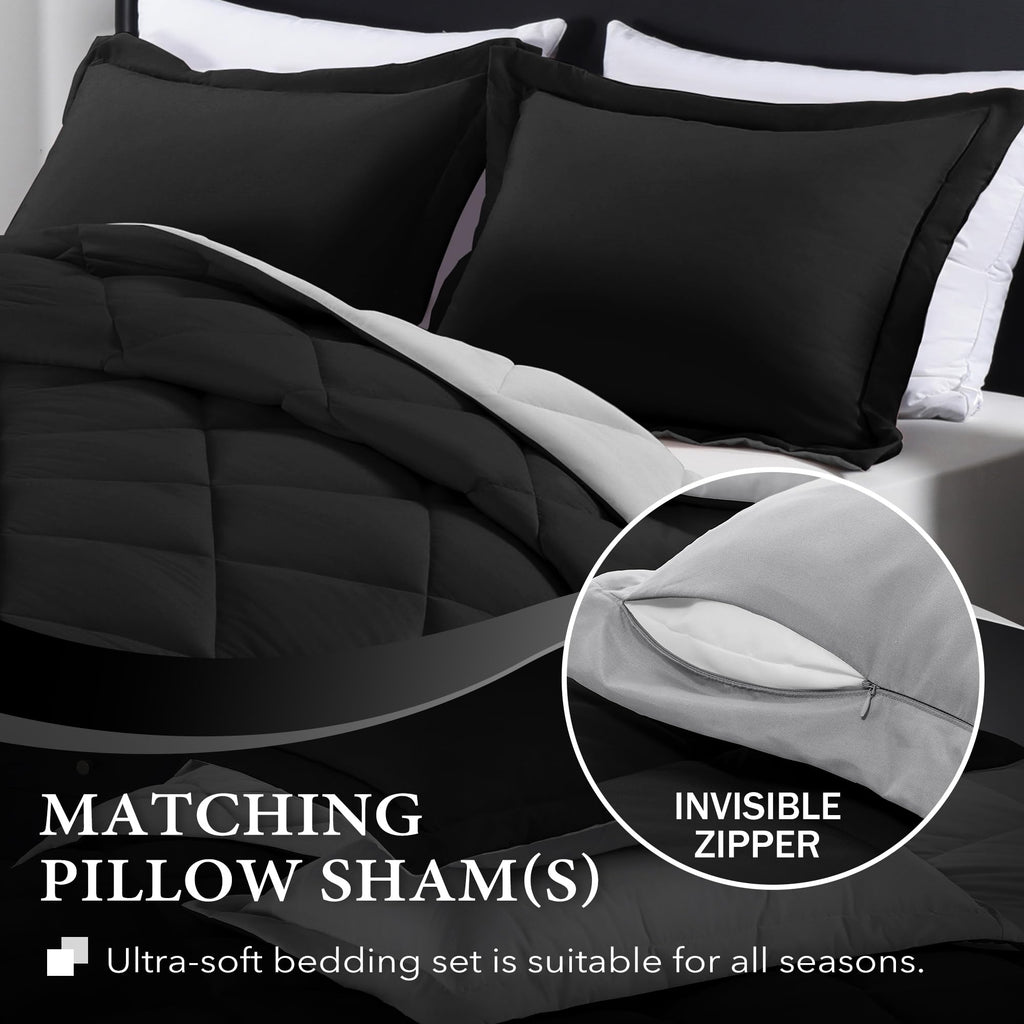 Downluxe Full Size Comforter Set - Black And Grey Full Comforter - Soft Bedding Sets For All Seasons -3- Piece Comforter Set Full With 2 Reversible Pillow Shams