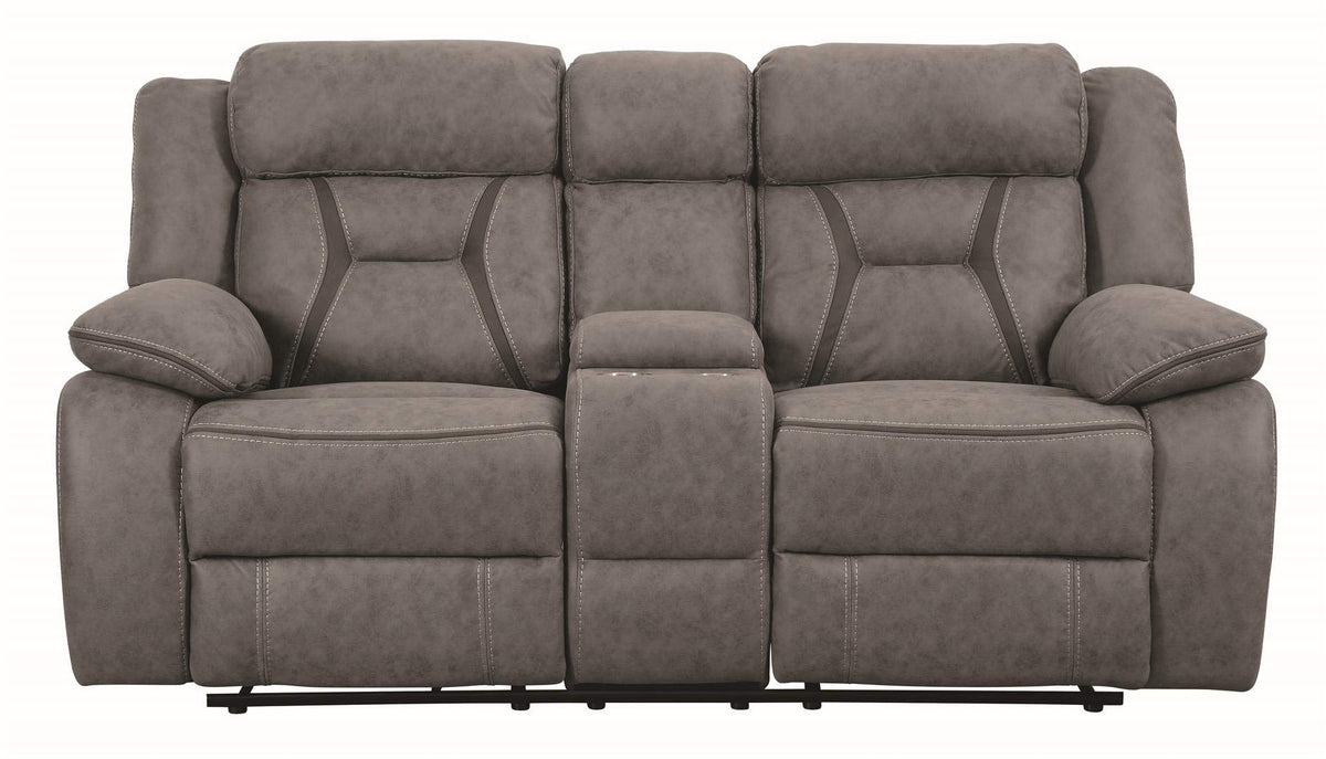 Coaster Home Furnishings Houston Motion Loveseat with Cupholder Storage Console Grey Furniture Piece, Finish (Model: 602262)