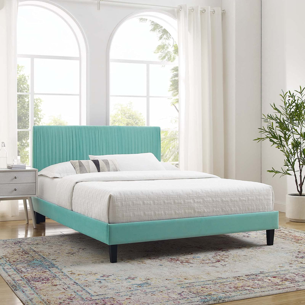 Peyton Performance Velvet Queen Platform Bed in Mint