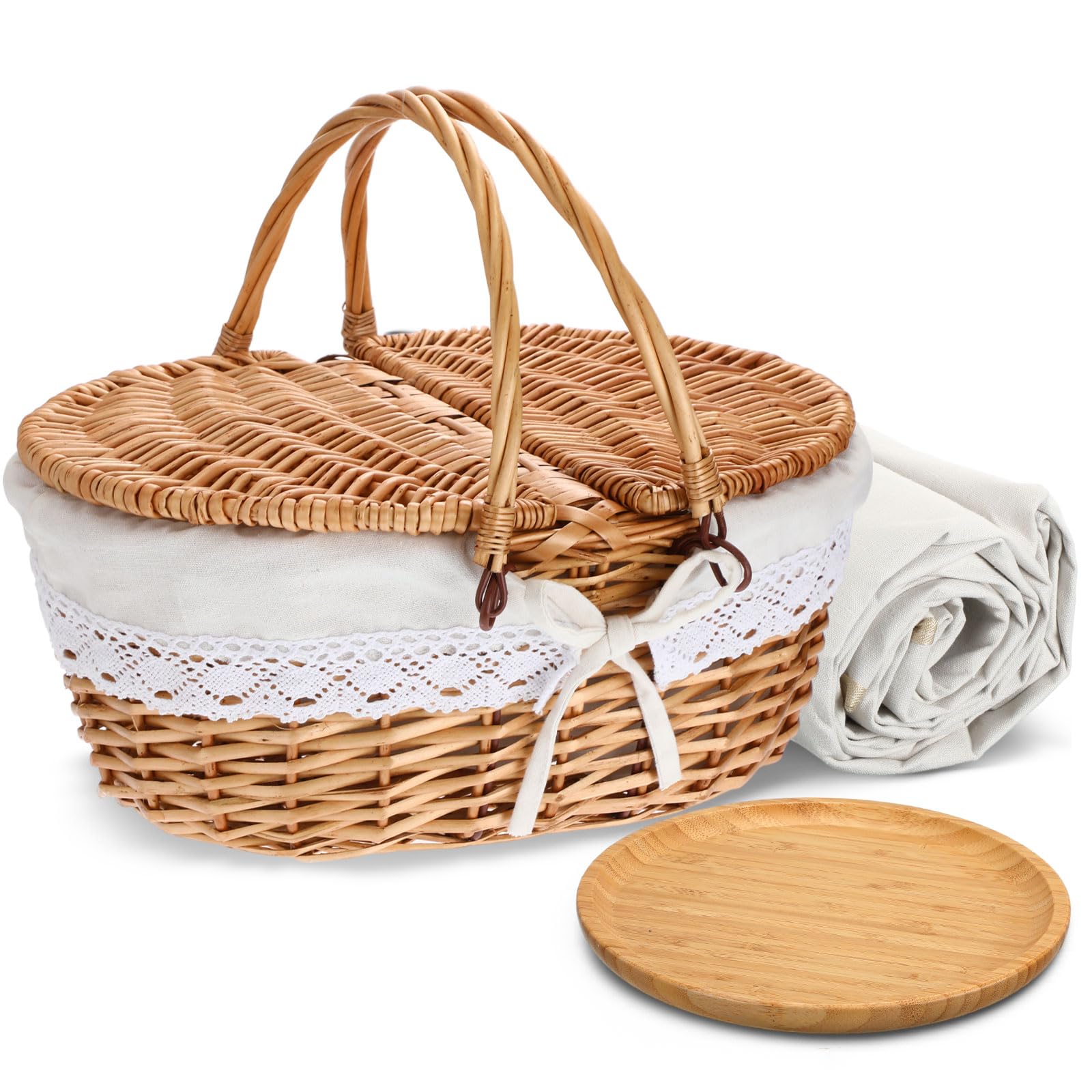 Gandeer Picnic Basket With Blankets And Bamboo Plates Picnic Supplies Set Basket With Lid And Handle Wicker Picnic Basket Sturdy