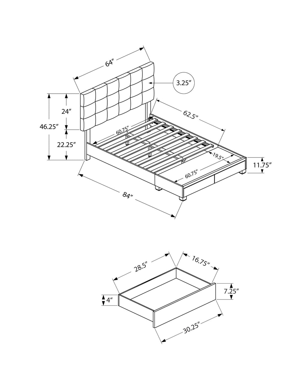 Monarch Specialties I 6021Q Bed, Queen Size, Platform, Bedroom, Frame, Upholstered, Linen Look, Wood Legs, Beige, Black, Transitional