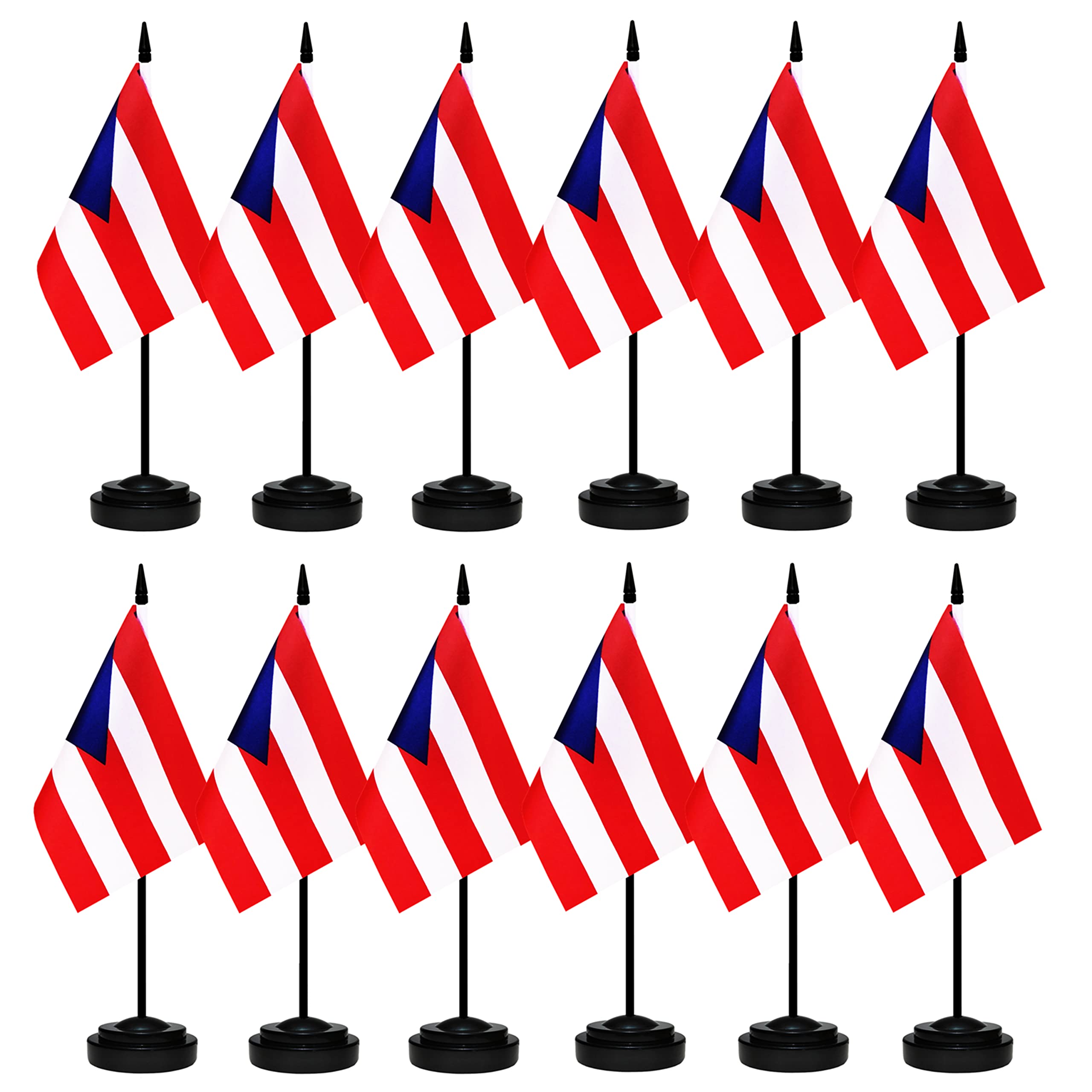 12 Pack Puerto Rico Desk Flags Set, Puerto Rican Small Mini Table Office Flags With 12' Solid Black Pole, 8.2 X 5.5 Inches, Hom