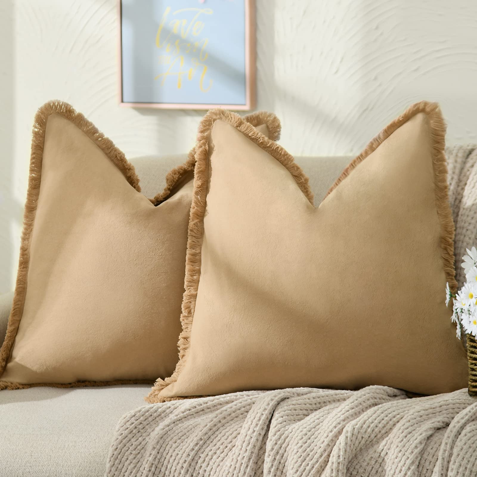 Zwjd Pillow Covers 26X26 Set Of 2 Khaki Throw Pillow Covers With Fringe Chic Cotton Decorative Pillows Square Cushion Covers For