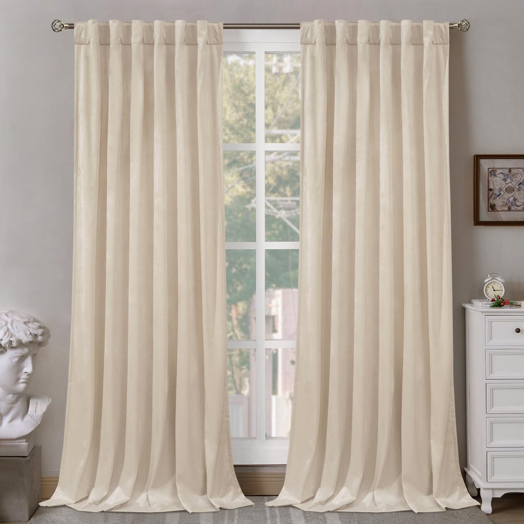 Bgment Cream Beige Velvet Curtains 90 Inch For Bedroom, Thick Thermal Insulated Room Darkening Curtains Noise Reduce Back Tab An