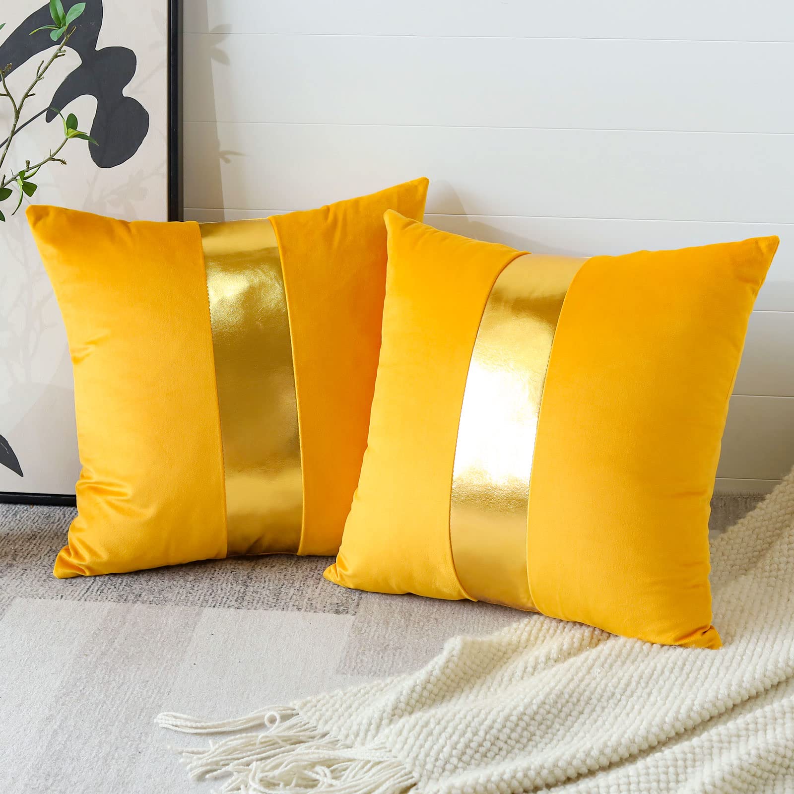 Artscope Yellow Velvet Throw Pillow Covers With Gold Leather Stitching Luxury Modern Minimalist Square Pillowcase Cushion Covers
