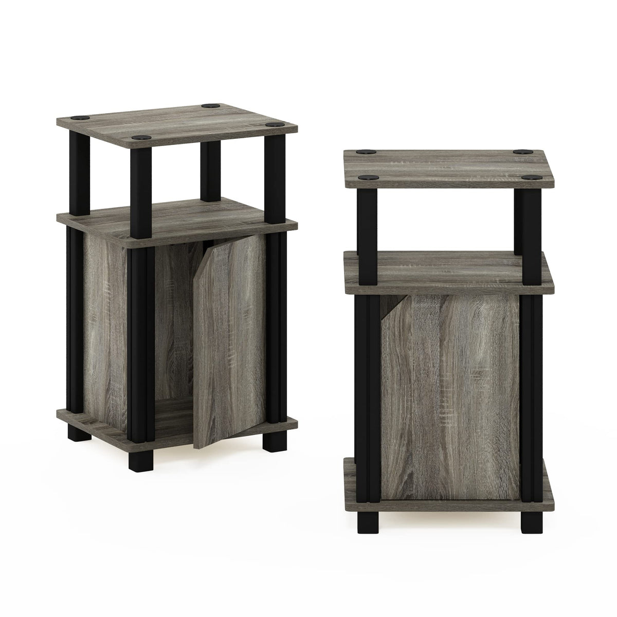 Furinno Brahms 3-Tier End Side Sofa Table/Nighstand With Door, 2-Pack, French Oak/Black