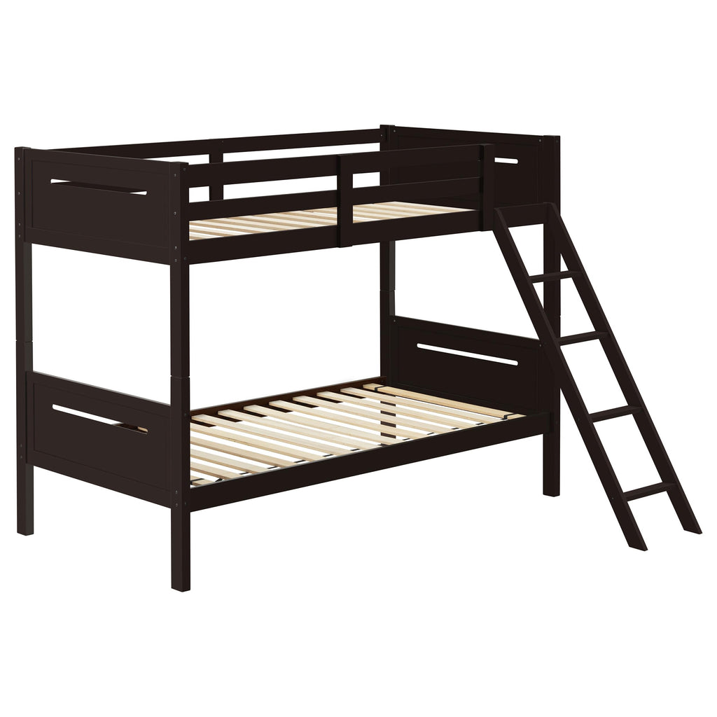 Coaster Home Furnishings Littleton Transitional Wood Twin Over Twin Size Bunk Bed Frame with Ladder and Guardrails Fully Slatted Mattress Ready Foundation Espresso 405051BRN