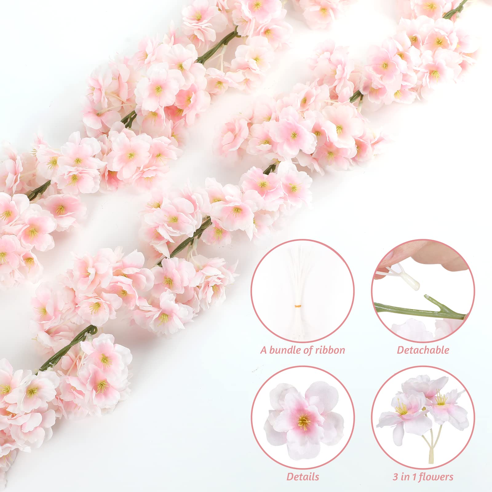 Sunm Boutique Cherry Blossom Garland 8-Pack 47.2 Ft Cherry Blossom Hanging Vine Silk Sakura Vines Garland For Wedding Party Deco
