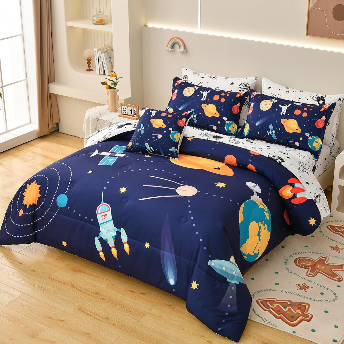Tasselily 8 Piece Kid Comforter Set Twin Size Bed In A Bag, Space Rocket Bedding Set For Teen Boys Girls